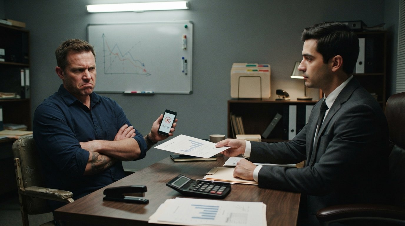 A frustrated man in a business shirt sits across from an insurance adjuster who slides a low settlement document across a…