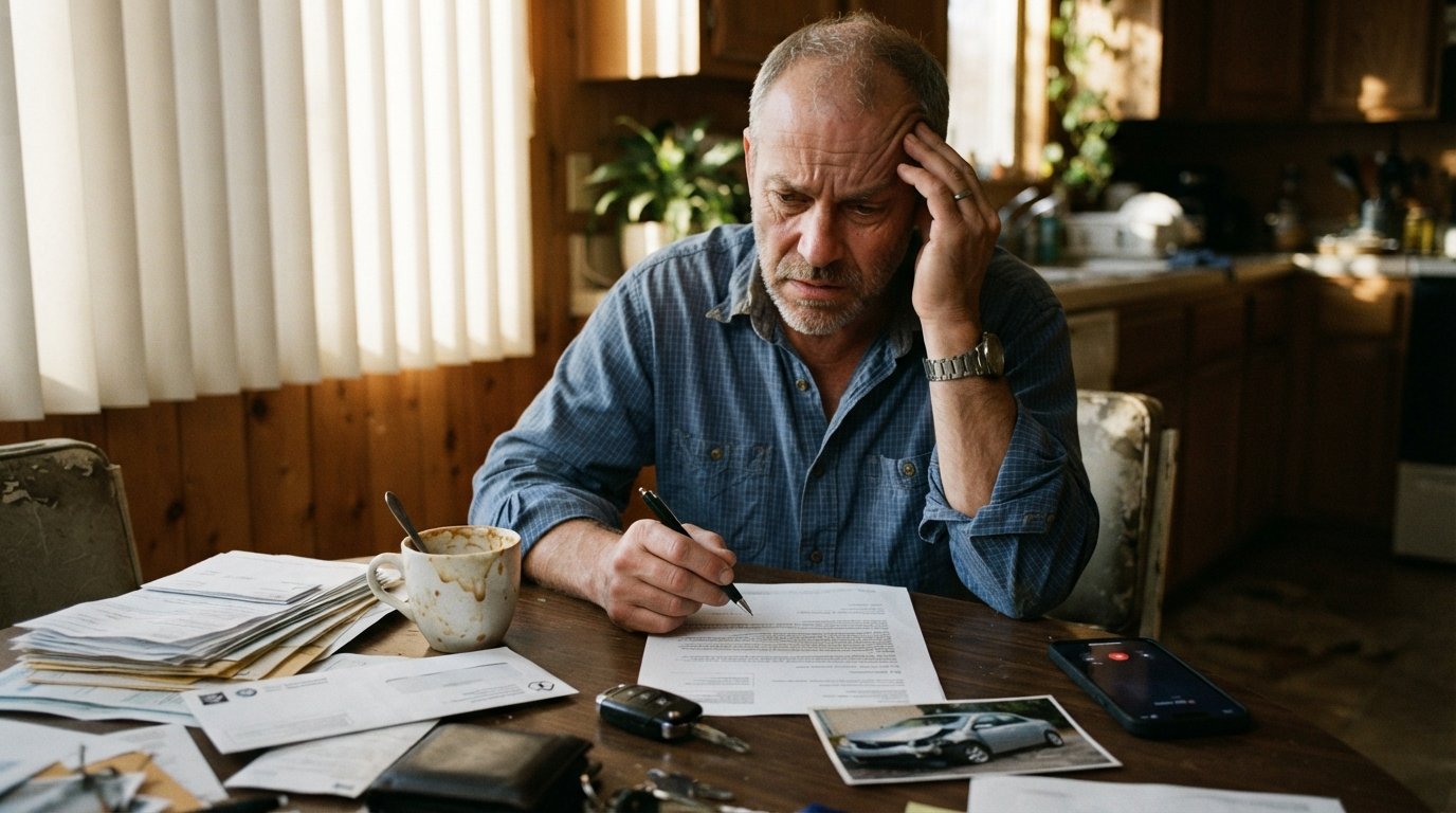 Stressed man in a wrinkled shirt sits at a cluttered kitchen table holding a pen, rubbing his temple while reviewing a…