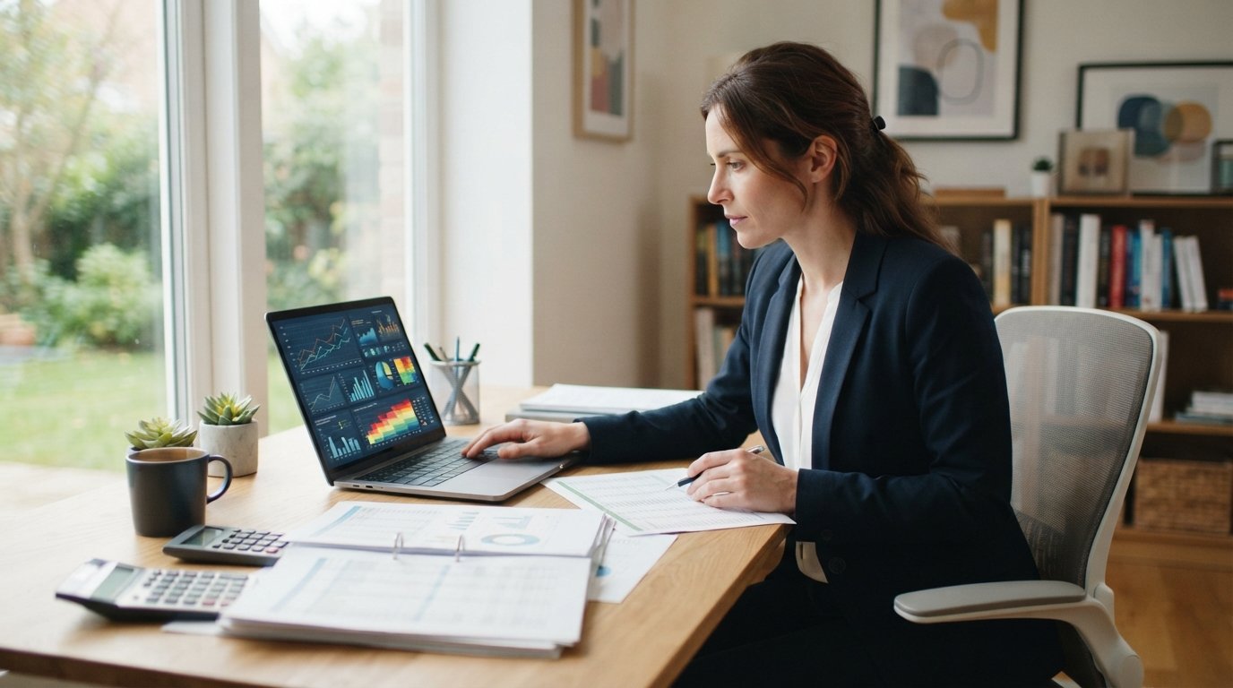 Professional in navy blazer at home desk reviewing policy documents and risk charts on a laptop, with calculator and…