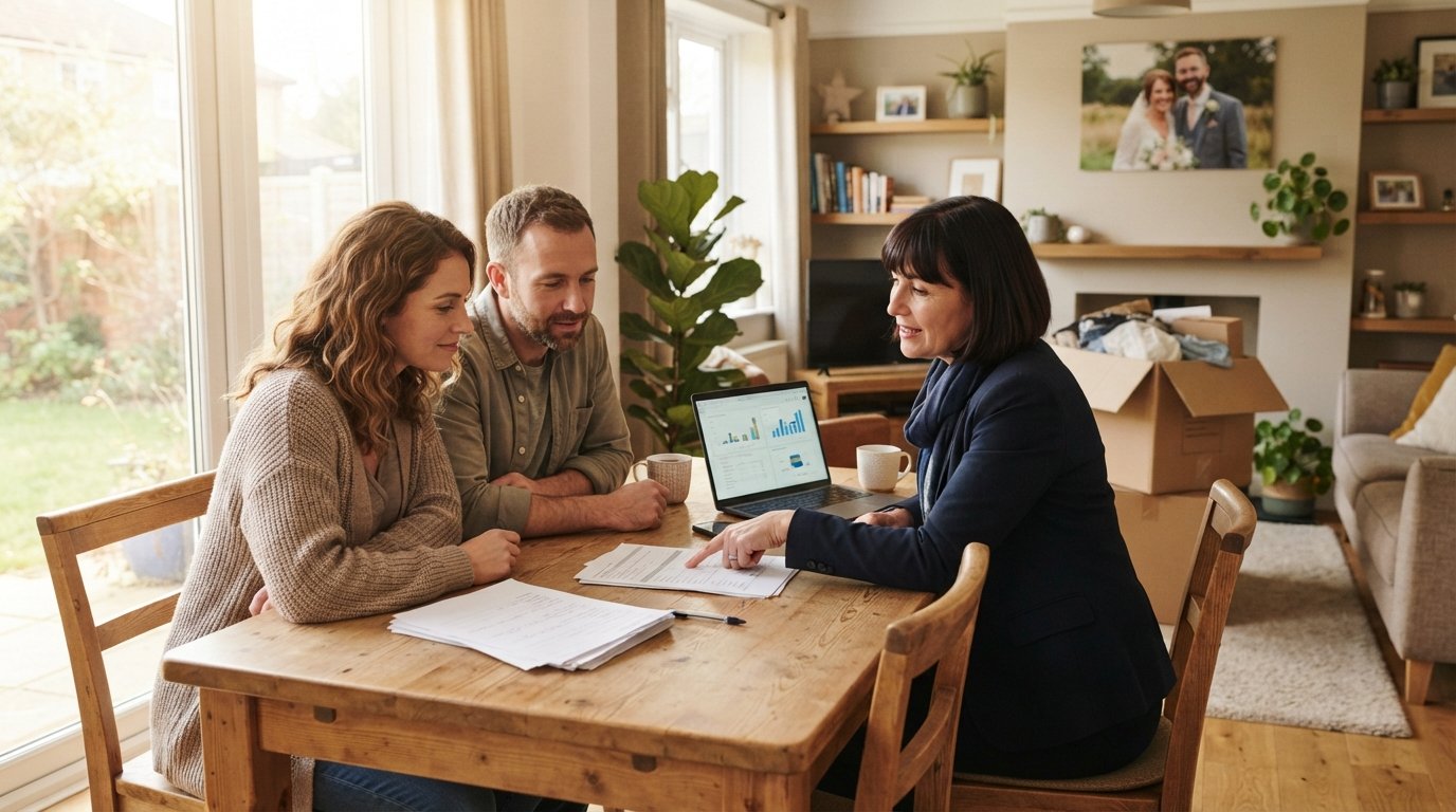 Couple in their 30s reviewing insurance paperwork and a laptop with an adviser at a wooden table in a sunlit living room