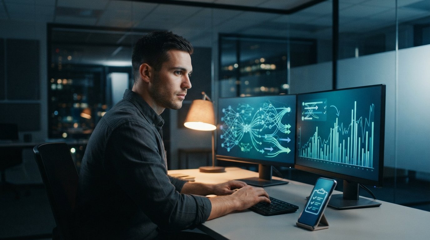 Person in dark shirt at a dual-monitor workstation showing blue and green bid-flow charts and routing arrows, phone with…