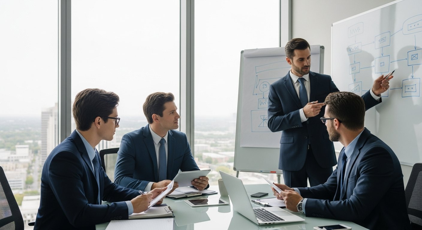Three professionals in business attire review documents and a tablet around a glass conference table in a sunlit Texas…