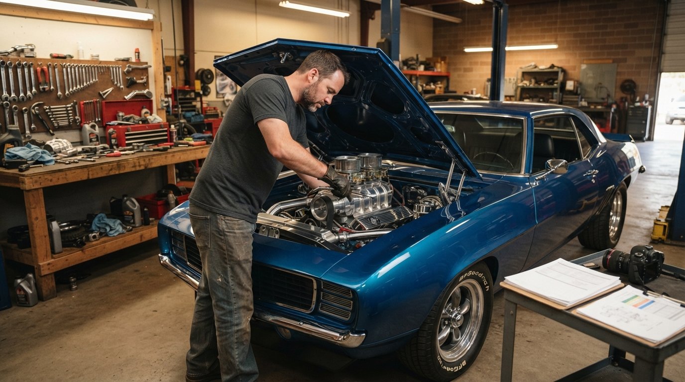 Mechanic in gray t-shirt and gloves installs a polished supercharger on a classic muscle car with custom metallic paint and…
