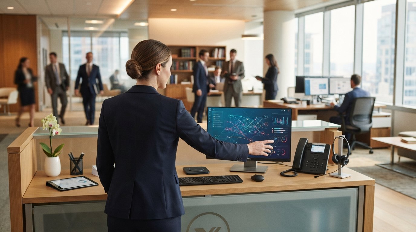 Receptionist in navy blazer reaching for a multi-line office phone beside a monitor showing a call-routing dashboard