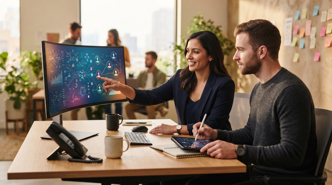 Two colleagues at a desk, one pointing at a monitor with call tracking analytics and CRM dashboards linking phone icons to…