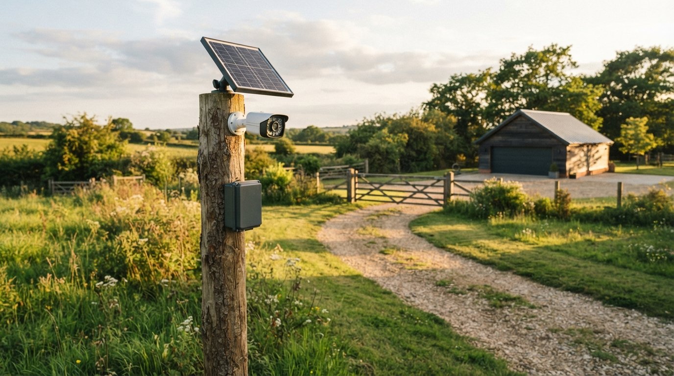 White security camera with a small solar panel above it and a battery enclosure below, mounted on a wooden post overlooking…