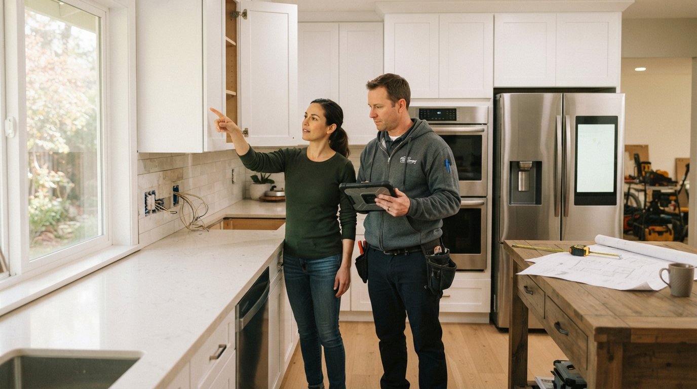 Homeowner points at an open cabinet space beside a stainless steel smart refrigerator while a contractor with a tablet…