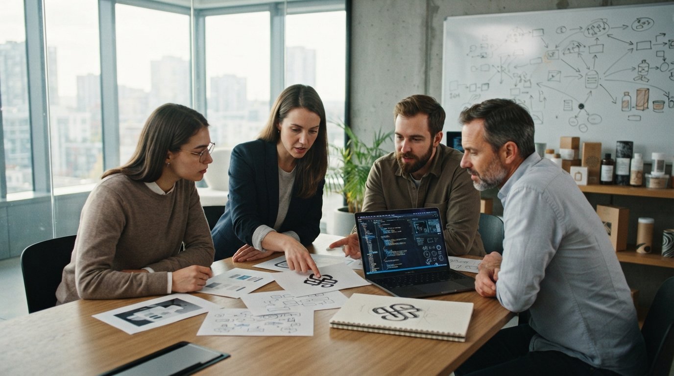 Four startup founders in casual business attire sit around a conference table, reviewing printed documents, a laptop…