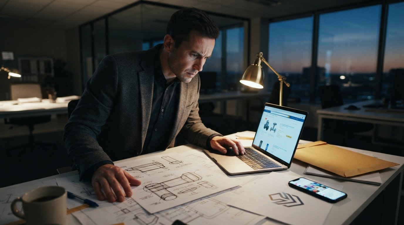 Business professional in a charcoal blazer comparing a printed product design sketch with a similar online marketplace…