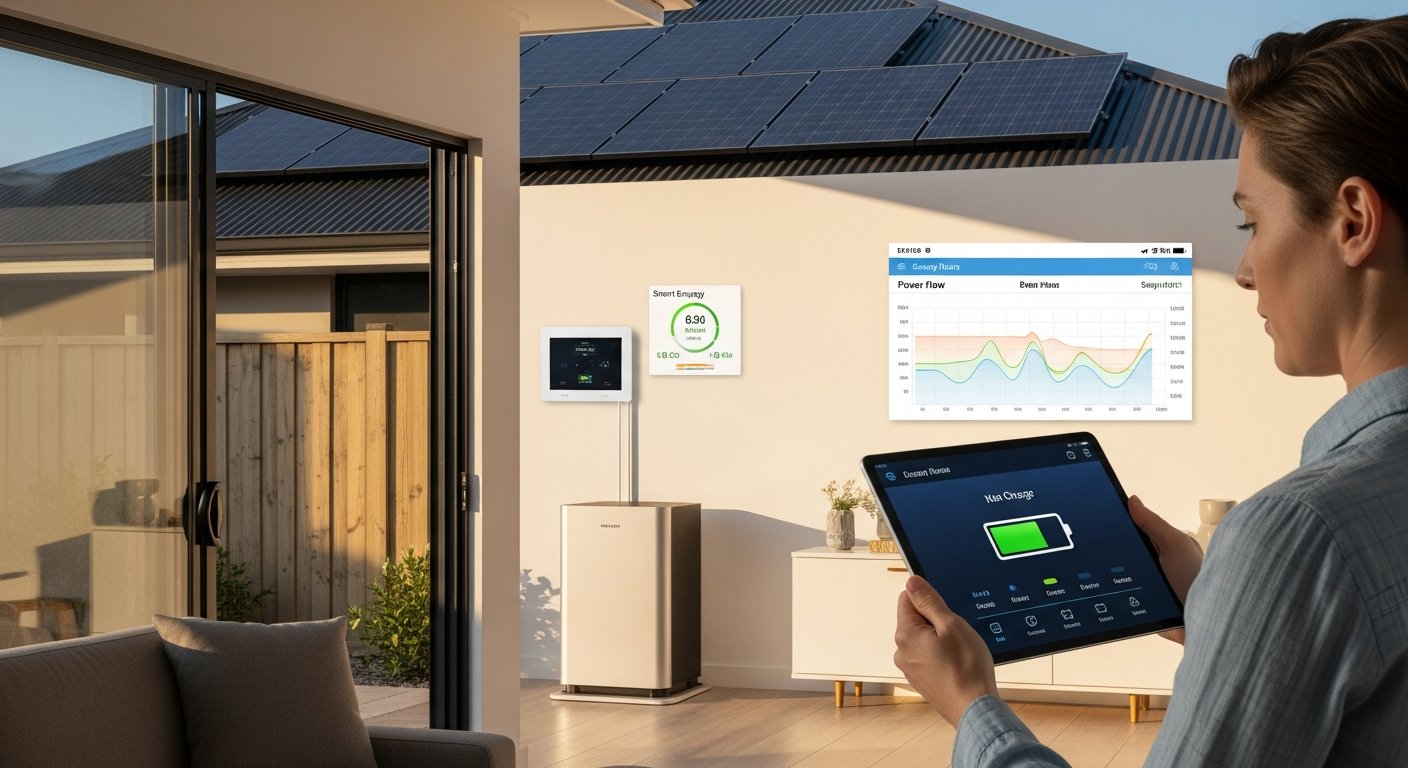 Man in casual clothes stands in a sunlit living room, holding a tablet showing energy flow graphs and a battery icon, with…