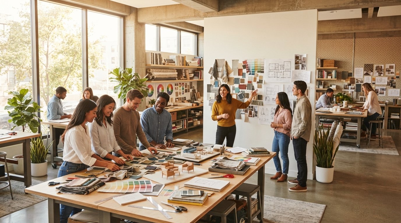 Adult students arrange fabric swatches, paint chips, and miniature furniture models on drafting tables while an instructor…