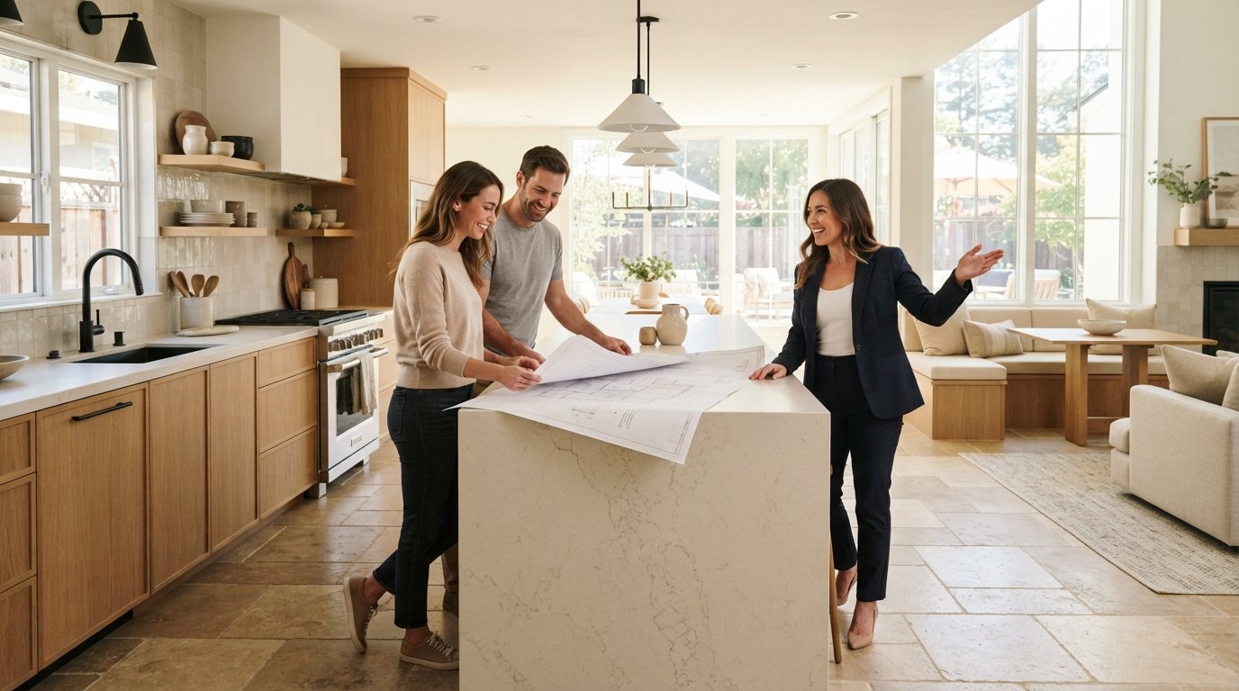 Bright open-concept kitchen with oak cabinets, black fixtures, quartz waterfall island, and sunlight from floor-to-ceiling…