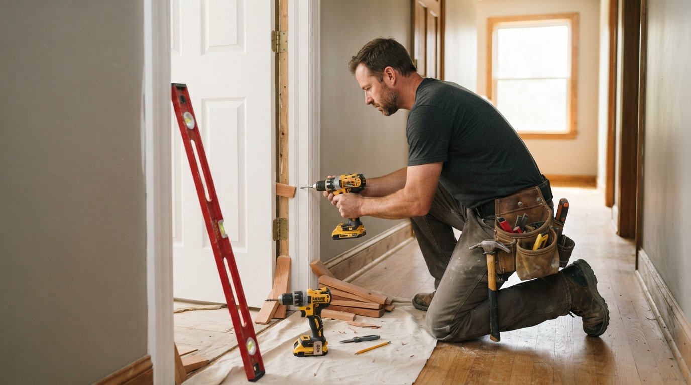 Finish carpenter in tool belt kneeling to install a prehung white interior door in a bright hallway, with level, drill, and…