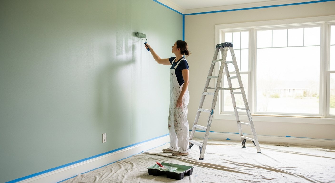 Professional painter in white overalls rolls sage green paint onto a living room wall near a window with a ladder and drop…
