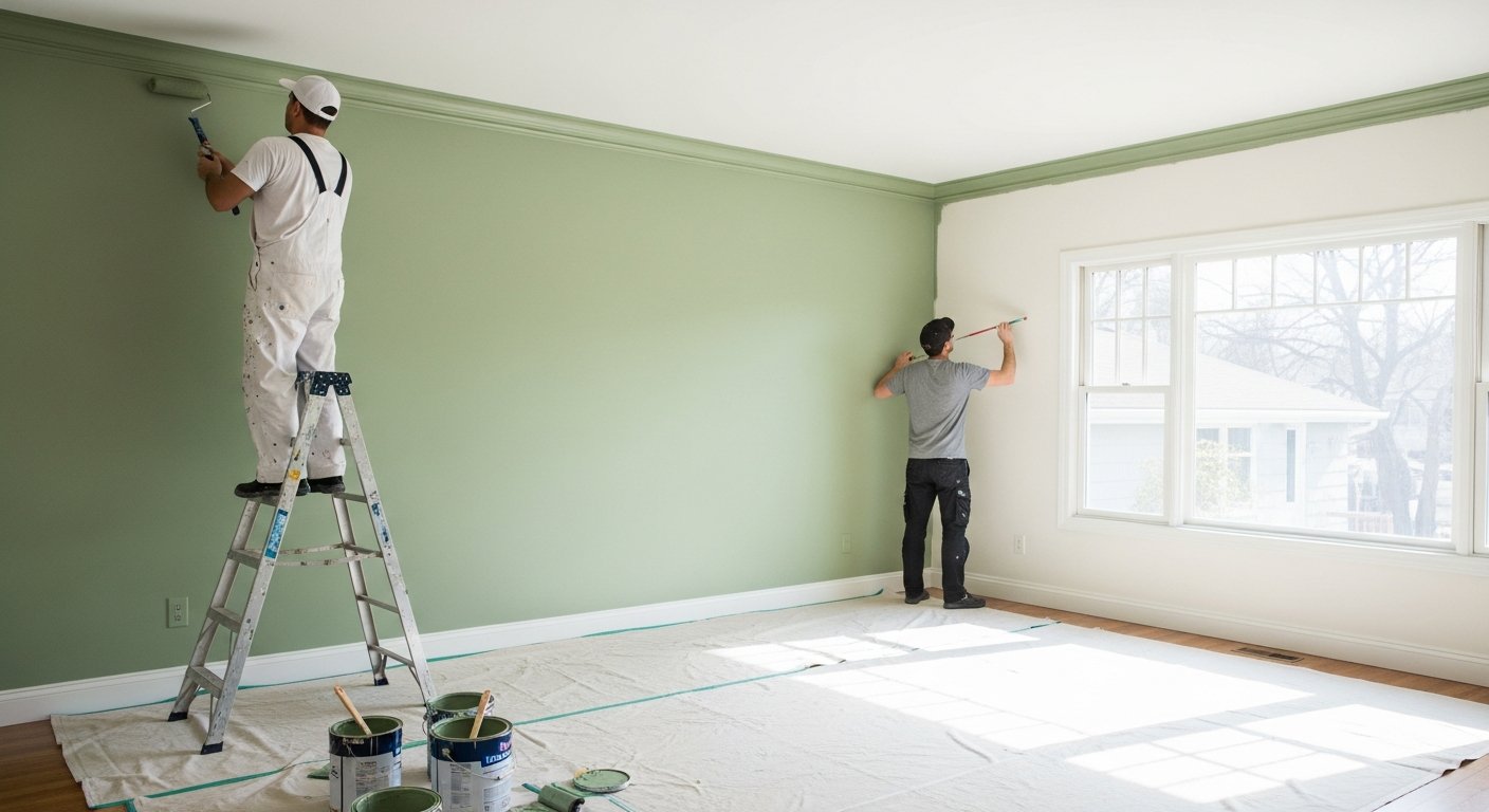 Painter in white overalls rolls sage green paint onto a living room wall while another painter cuts in edges near the ceiling