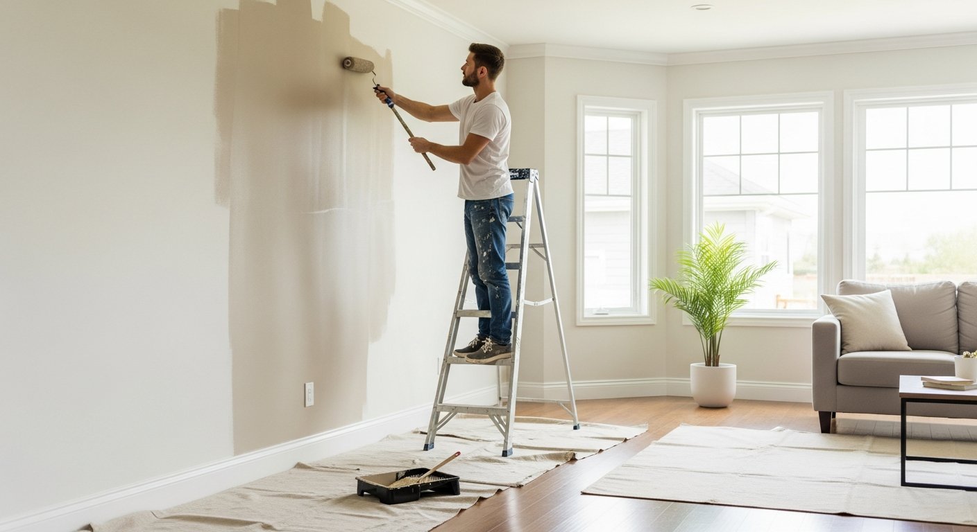 Professional painter on a ladder rolling warm greige paint onto a living room wall while sunlight streams through large…