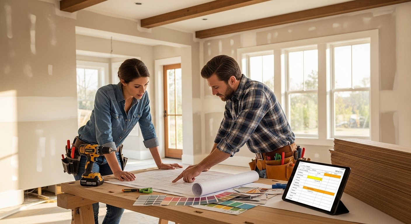 Homeowner in casual clothes and contractor in flannel shirt and tool belt review blueprints at a wooden table with paint…