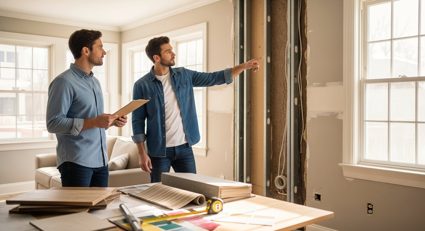 Homeowner with clipboard and contractor reviewing exposed wall studs and wiring in a bright, half-renovated living room…