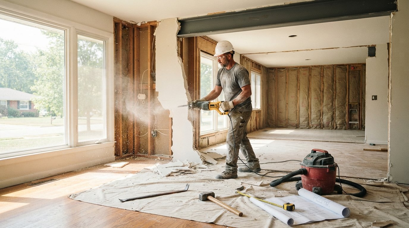 Construction worker in hard hat and safety glasses uses a reciprocating saw to cut through a partially demolished drywall…