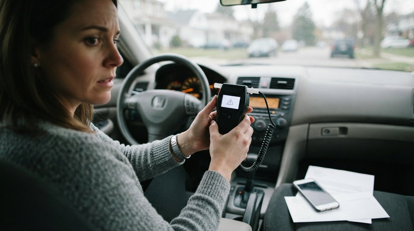 Driver gripping a handheld ignition interlock device showing a warning icon, with a letter and phone on the passenger seat