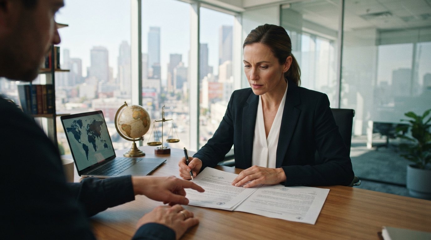 Attorney in dark blazer reviewing legal documents at a wooden desk with a globe, justice scale, and laptop showing a world…
