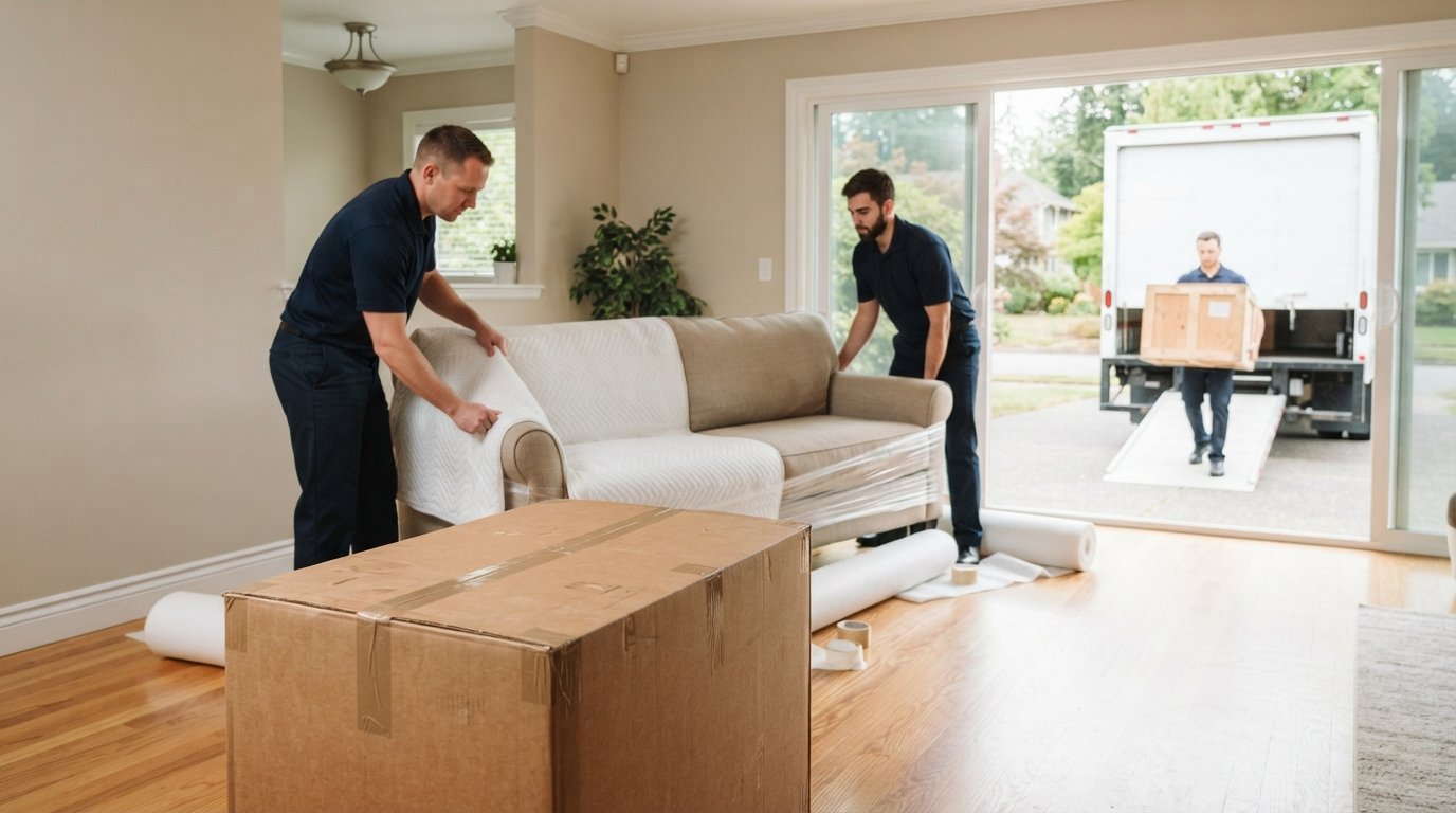 Movers in navy shirts wrap a sofa in white padding inside a sunlit living room, with a packed box and moving truck visible…