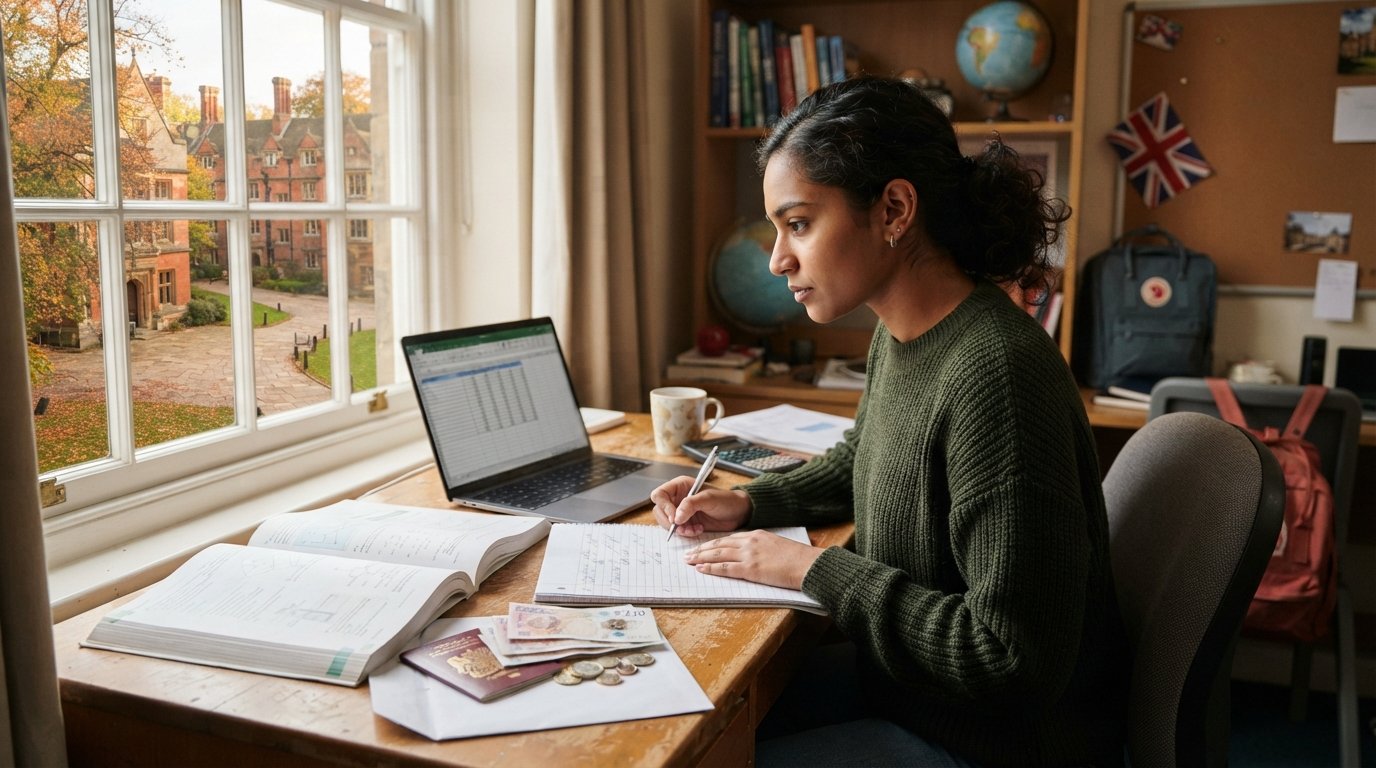Student at a dorm desk with textbooks, laptop spreadsheet, calculator, budget notebook, tea, pound notes and coins beside a…