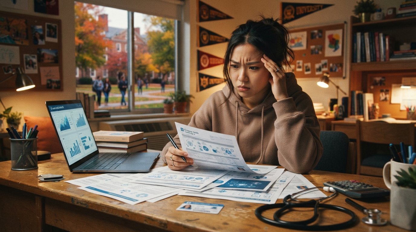 International college student reviewing health insurance paperwork at a dorm desk with a laptop, campus health center ID…