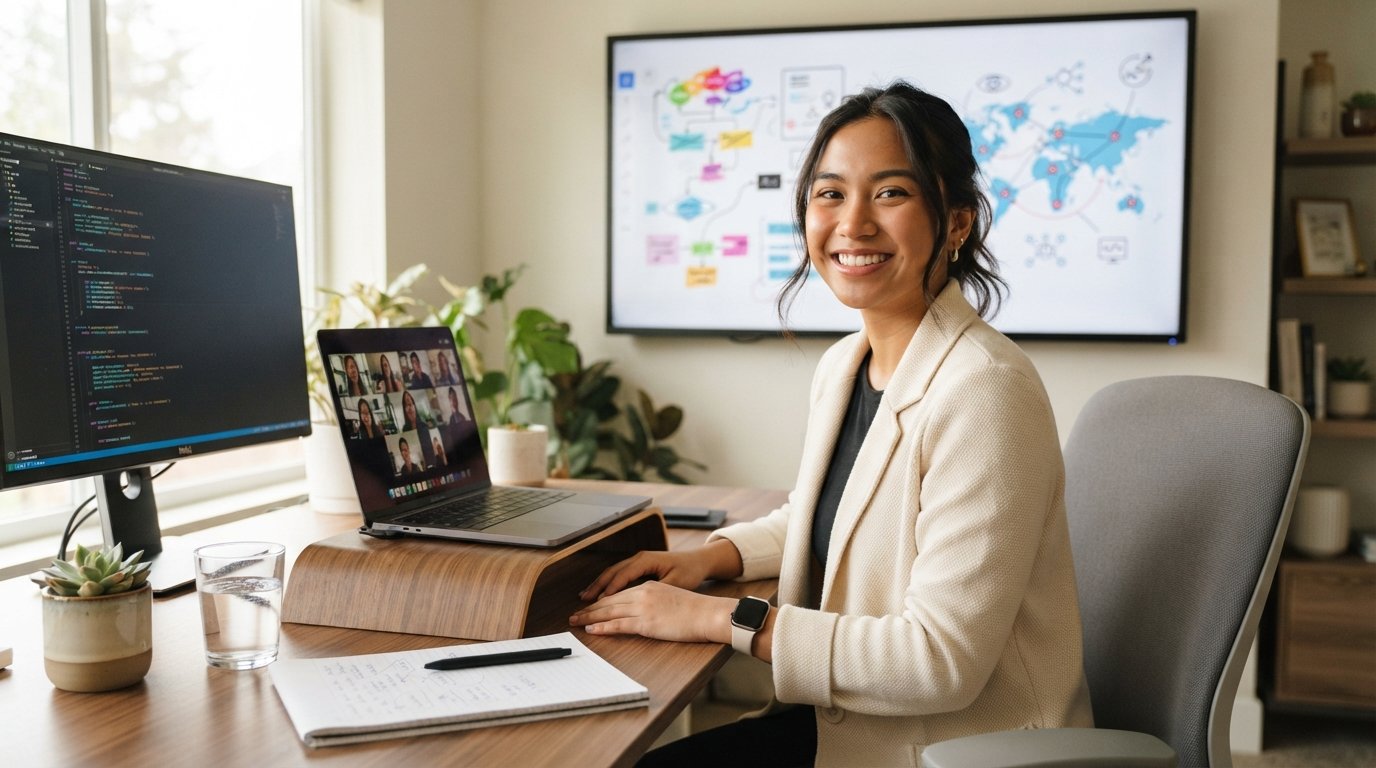Young female online student smiling at laptop camera during virtual internship meeting, with digital whiteboard and second…