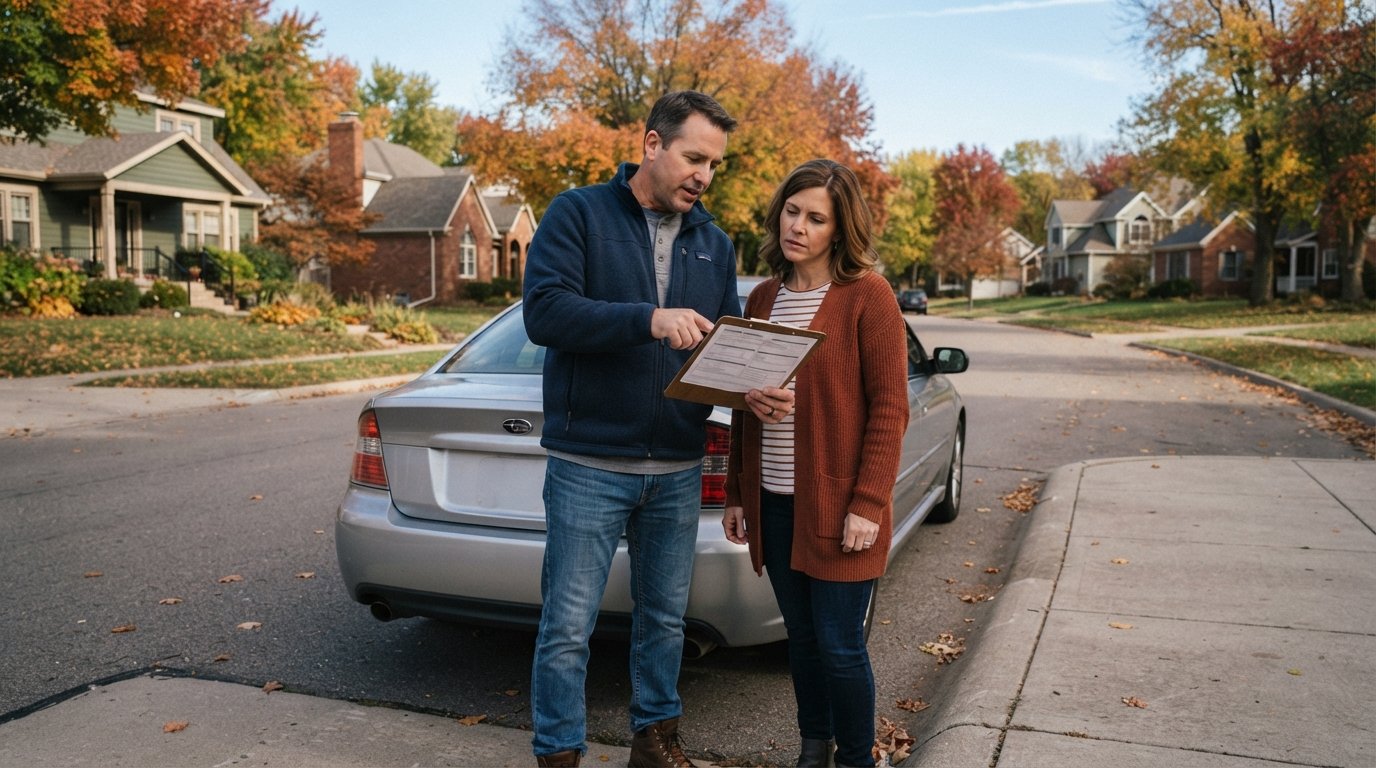 Man with clipboard pointing at an insurance document beside a woman and a silver sedan on a Des Moines residential street…