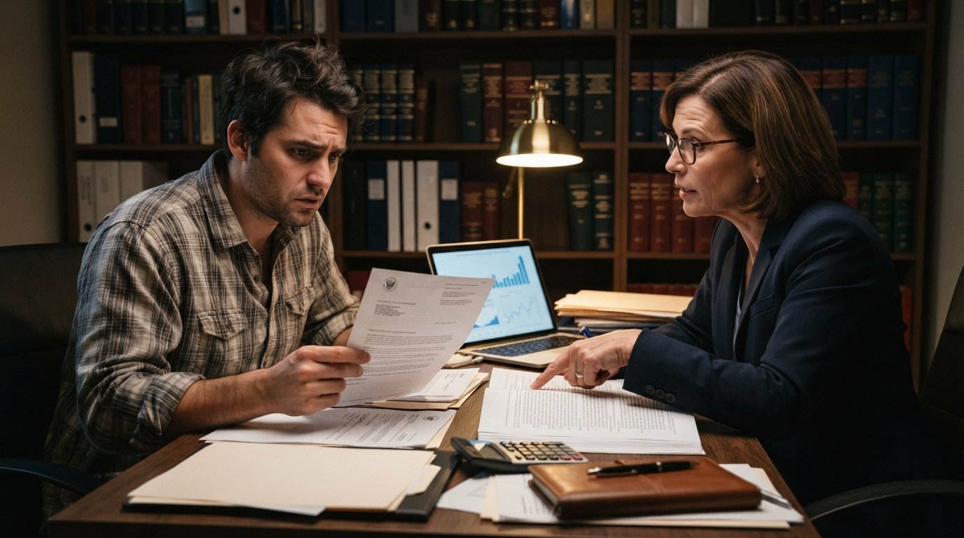 Stressed taxpayer at a desk holding an audit letter while a tax attorney in a suit points to paperwork nearby