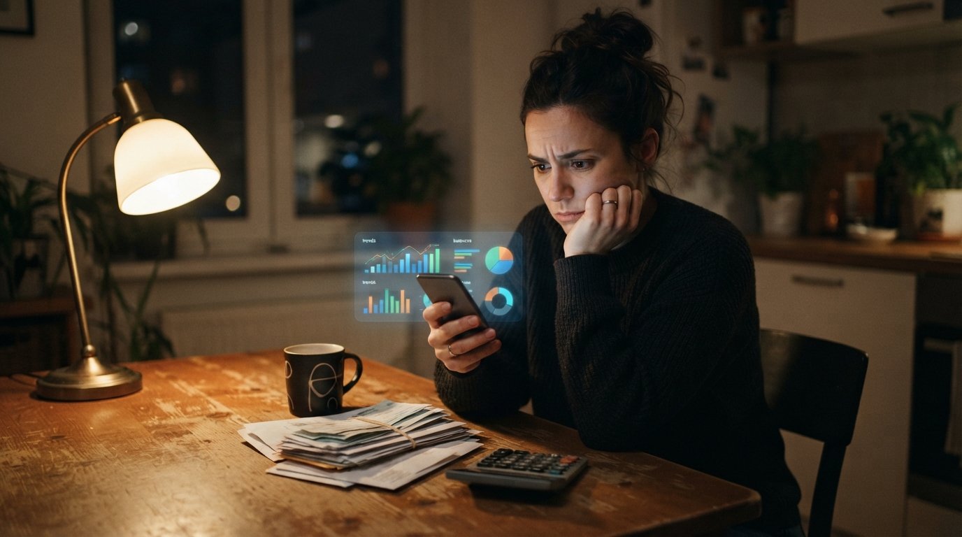 Worried adult at a kitchen table at night holding a smartphone with a finance app, beside paper bills, a calculator, and a…