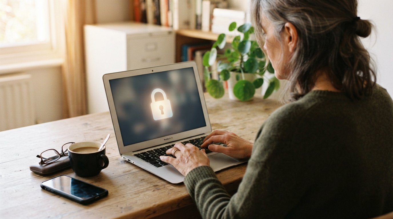 Over-the-shoulder view of a person at a wooden table typing on a laptop with a glowing padlock icon, with a smartphone,…