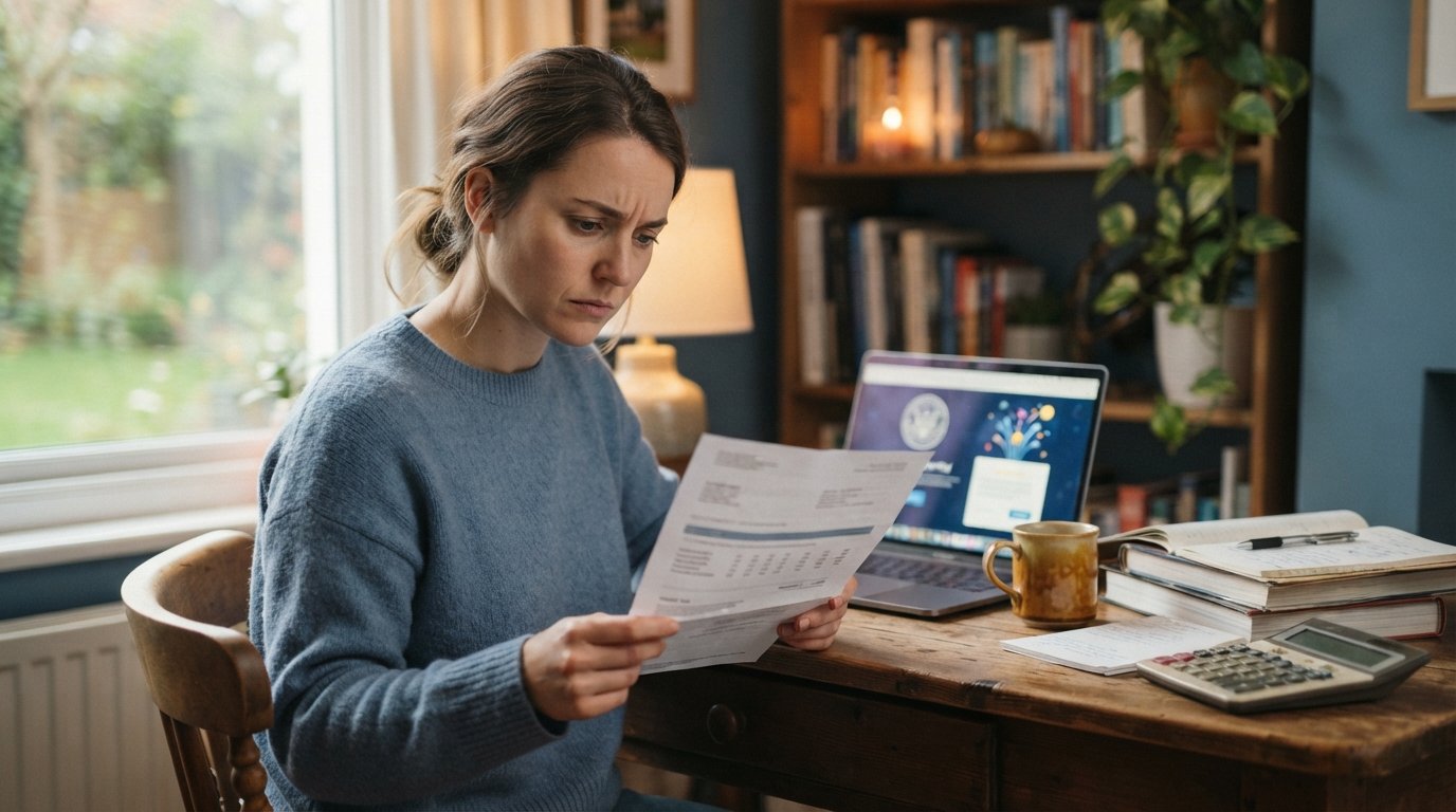 Young adult at a wooden desk holding a tuition bill with a worried expression, laptop showing a university portal,…