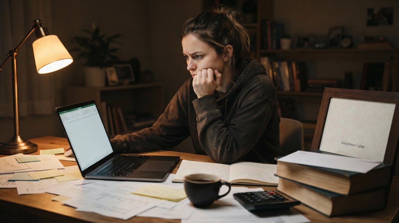 Stressed student at a wooden desk with a laptop showing a blank spreadsheet, surrounded by papers, a financial aid…
