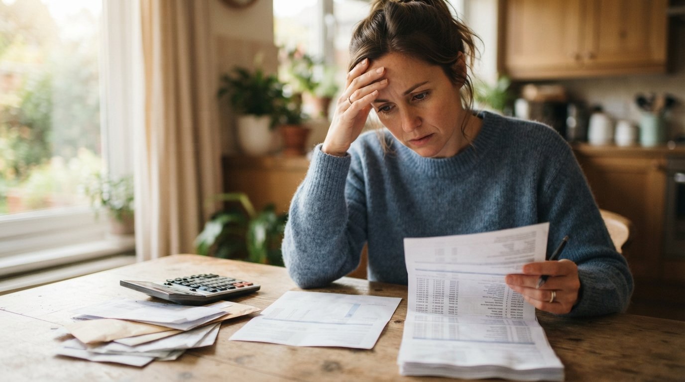 Concerned adult at a kitchen table with a calculator, paper bills, and two loan documents with different repayment schedules