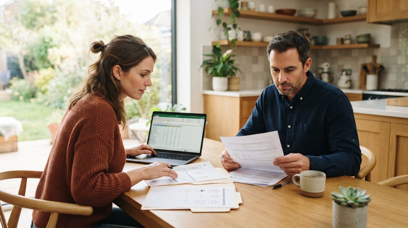 Woman at a sunlit kitchen table reviews insurance paperwork on a laptop while a man beside her reads printed documents.