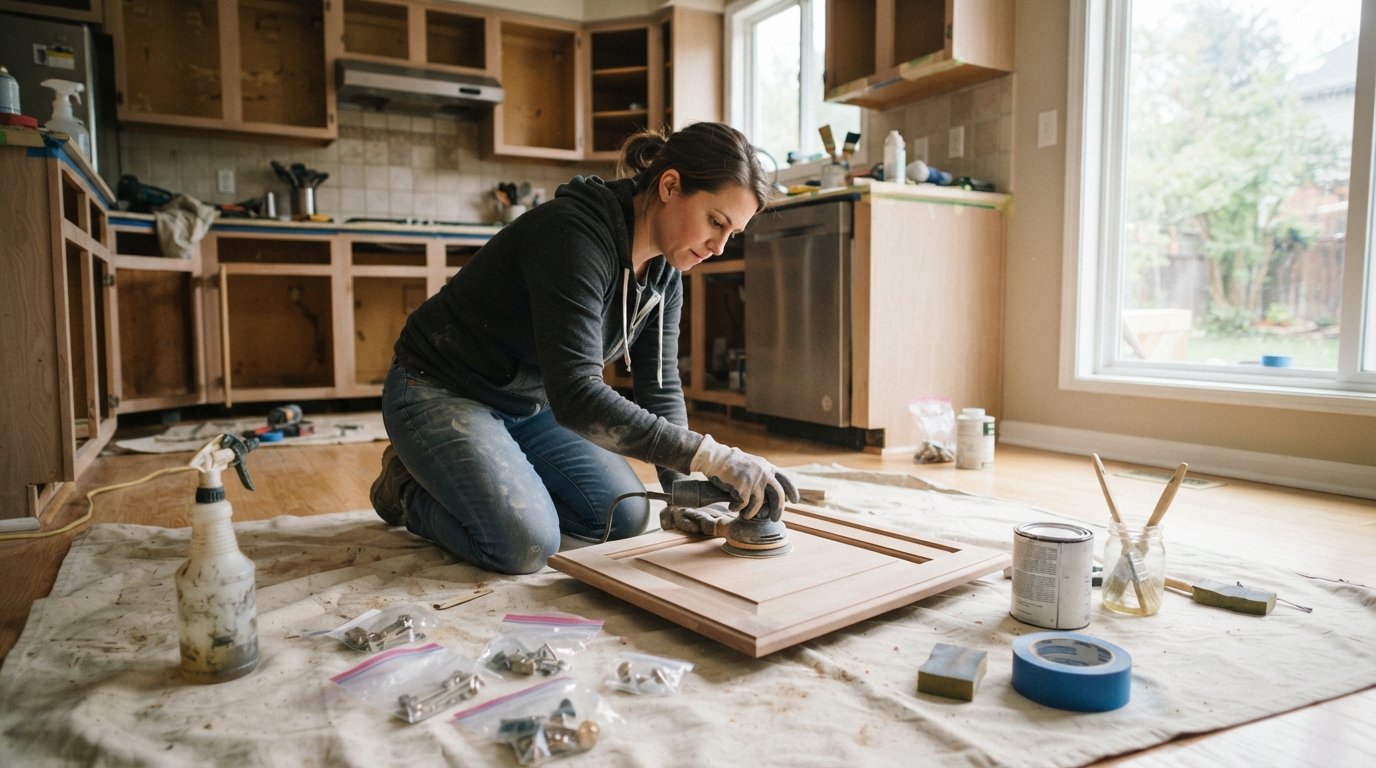 Homeowner in work clothes sanding a removed cabinet door on a drop cloth in a kitchen with paint cans, brushes, and labeled…