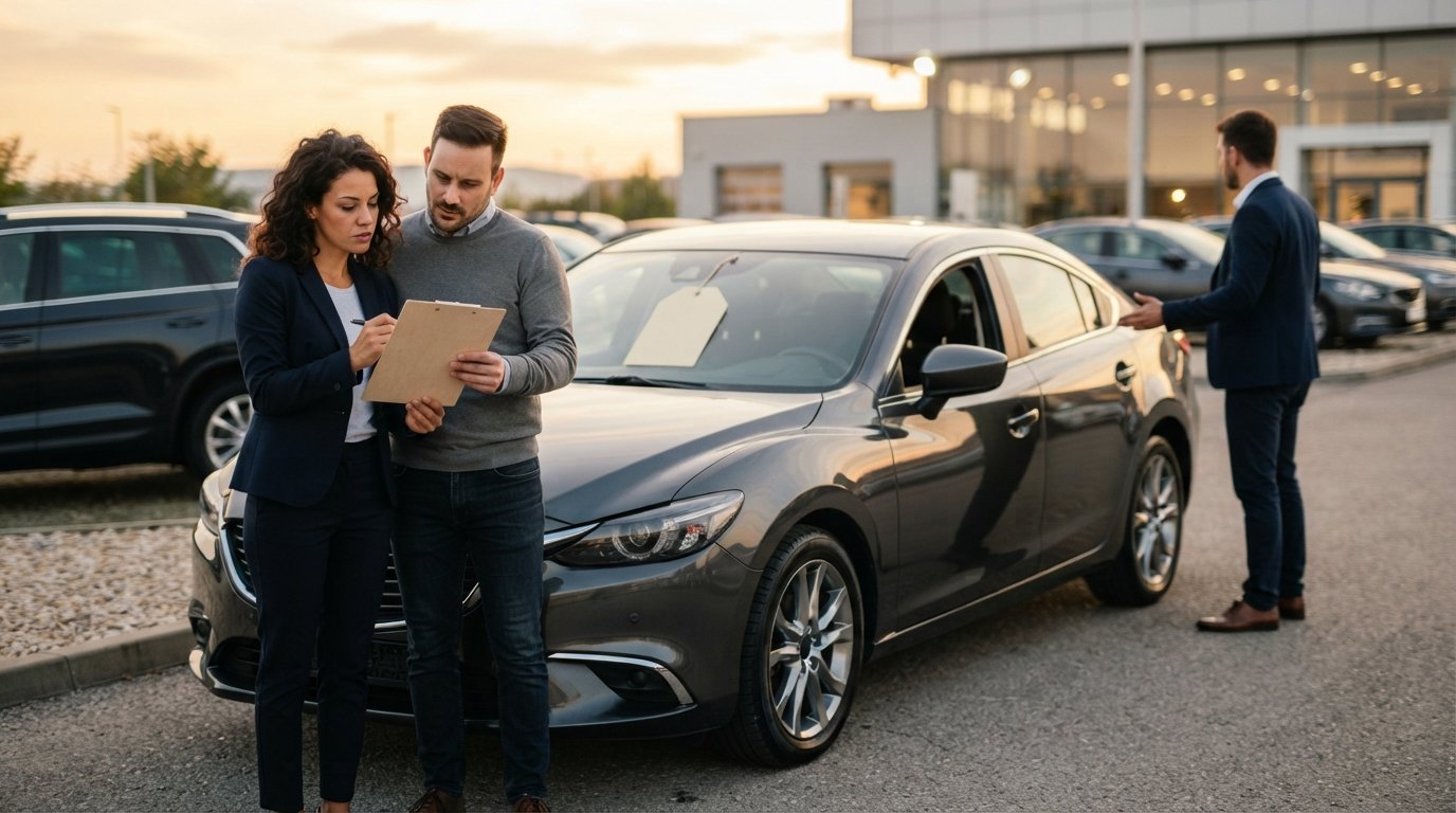 Couple in business casual reviewing a clipboard beside a dark-gray sedan with a blank price tag on its mirror at a…