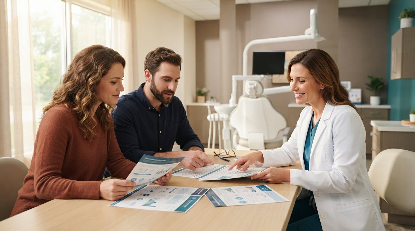 Two adults review dental insurance brochures at a light wood table as a dental professional in a white coat points to a…