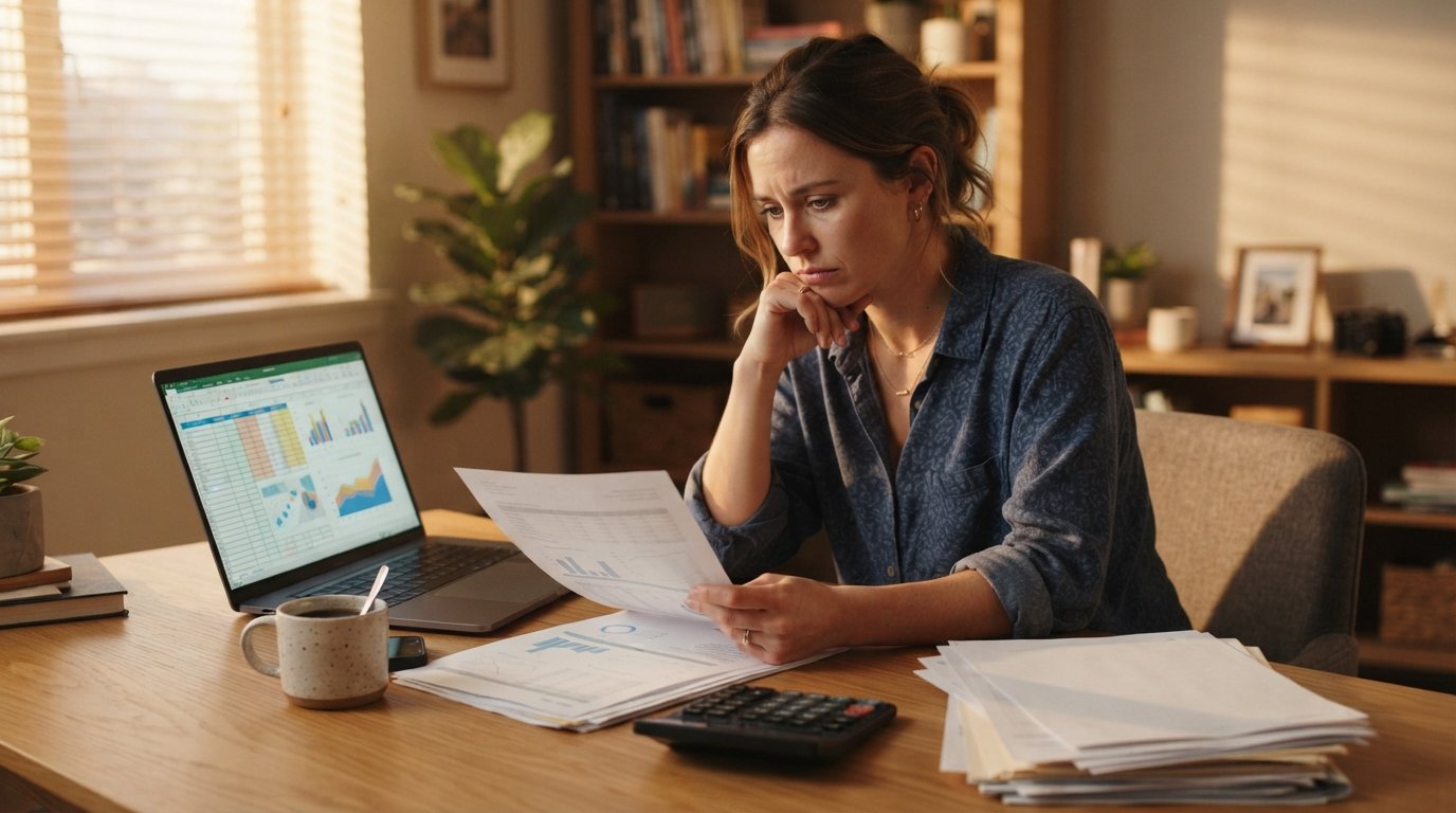Worried borrower at a wooden desk reviewing a loan statement beside a laptop showing a budget spreadsheet, with a…