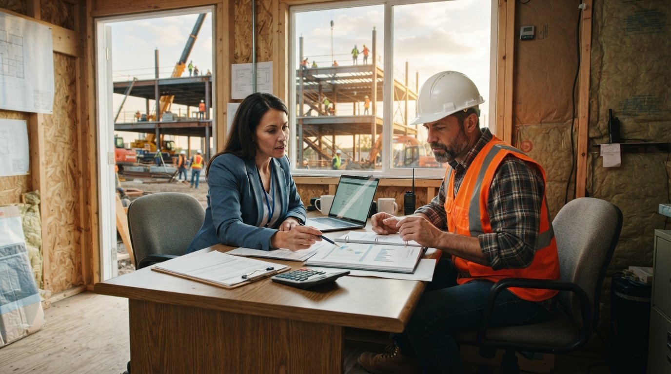 Construction company owner in a hard hat and safety vest reviews a workers' comp policy with an insurance agent at a job…