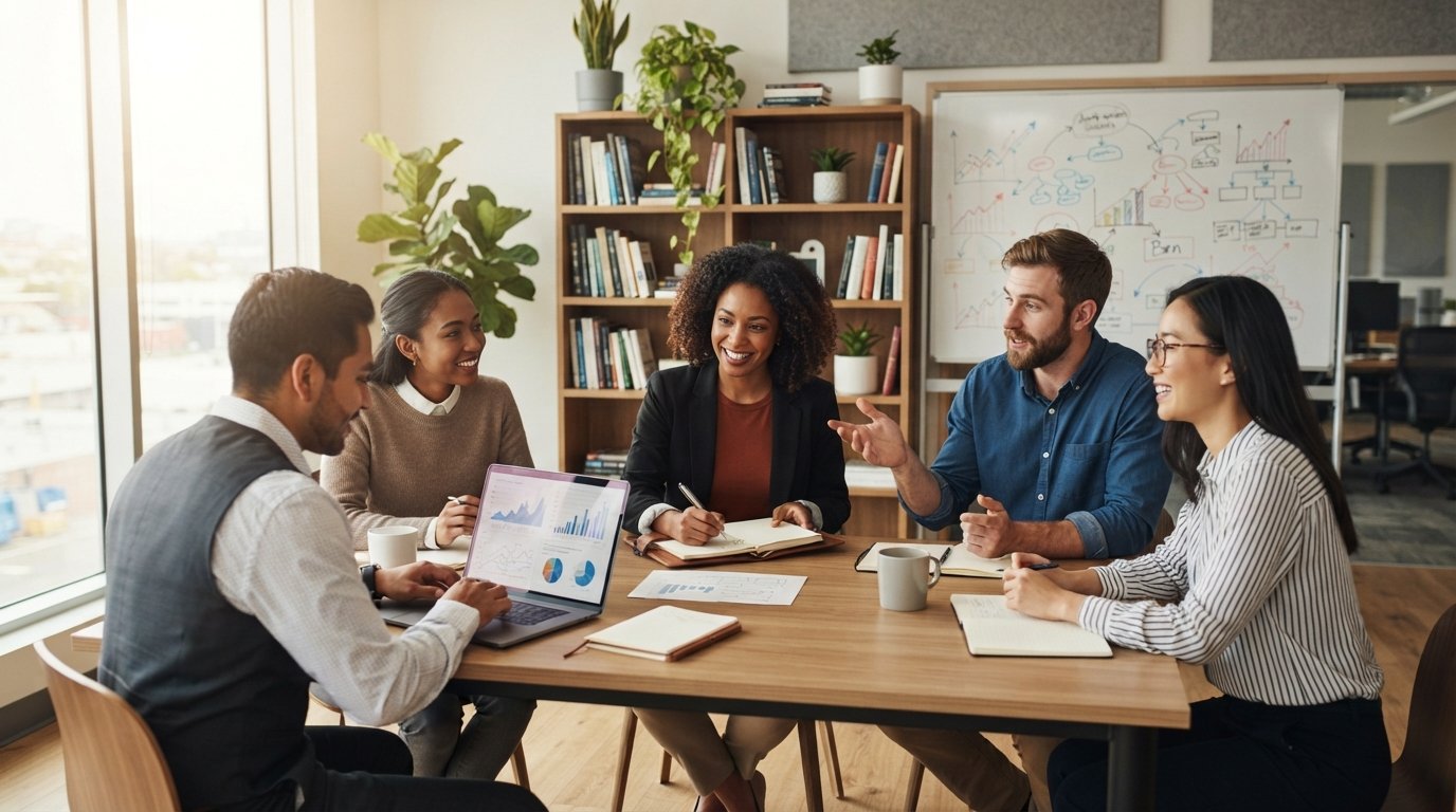 Four young professionals in business casual attire collaborate at a sunlit office table, one writing in a notebook, another…