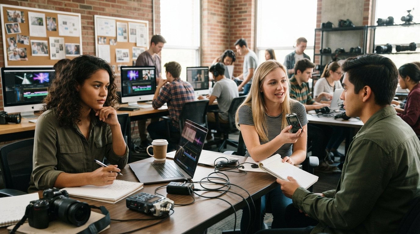 Two students collaborate in a bright campus newsroom, one using a laptop and camera while the other interviews with a…