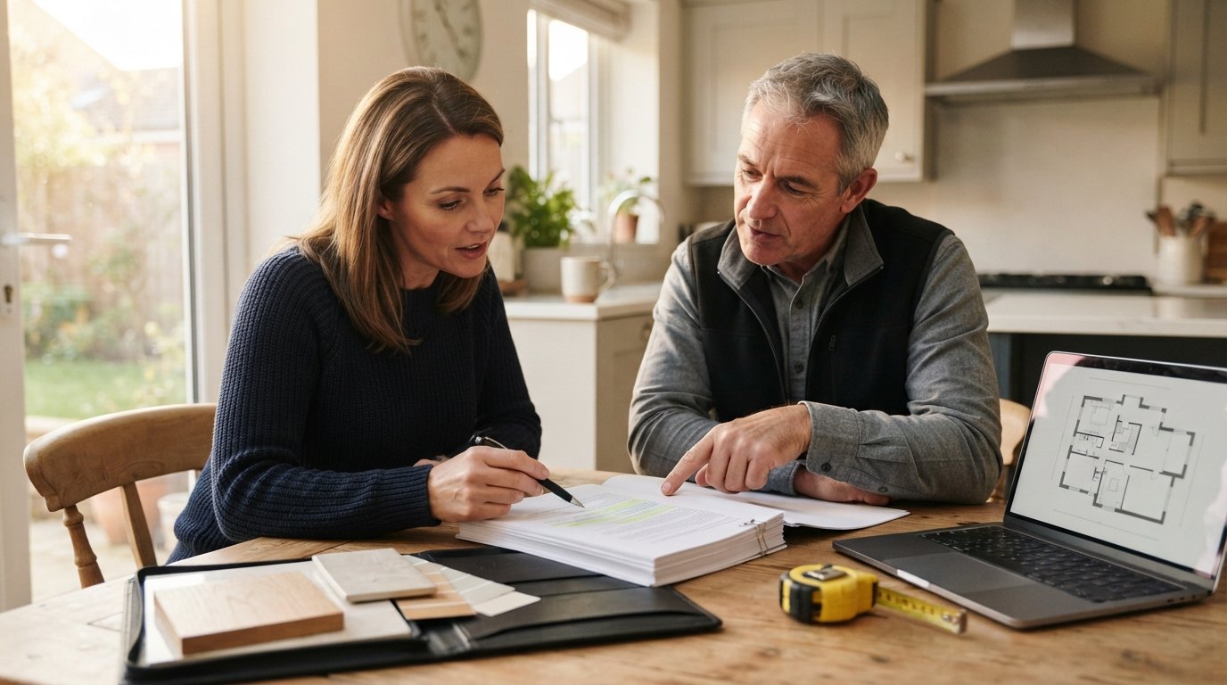 Homeowner pointing a pen at a renovation contract clause while a contractor gestures toward highlighted sections at a…