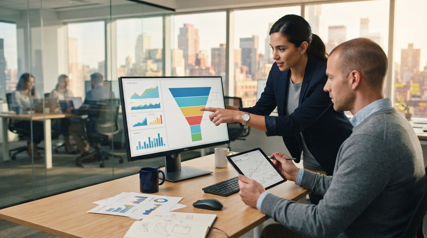 Two marketing analysts in a glass-walled office review dashboards showing a rising conversion funnel and cost-per-lead…
