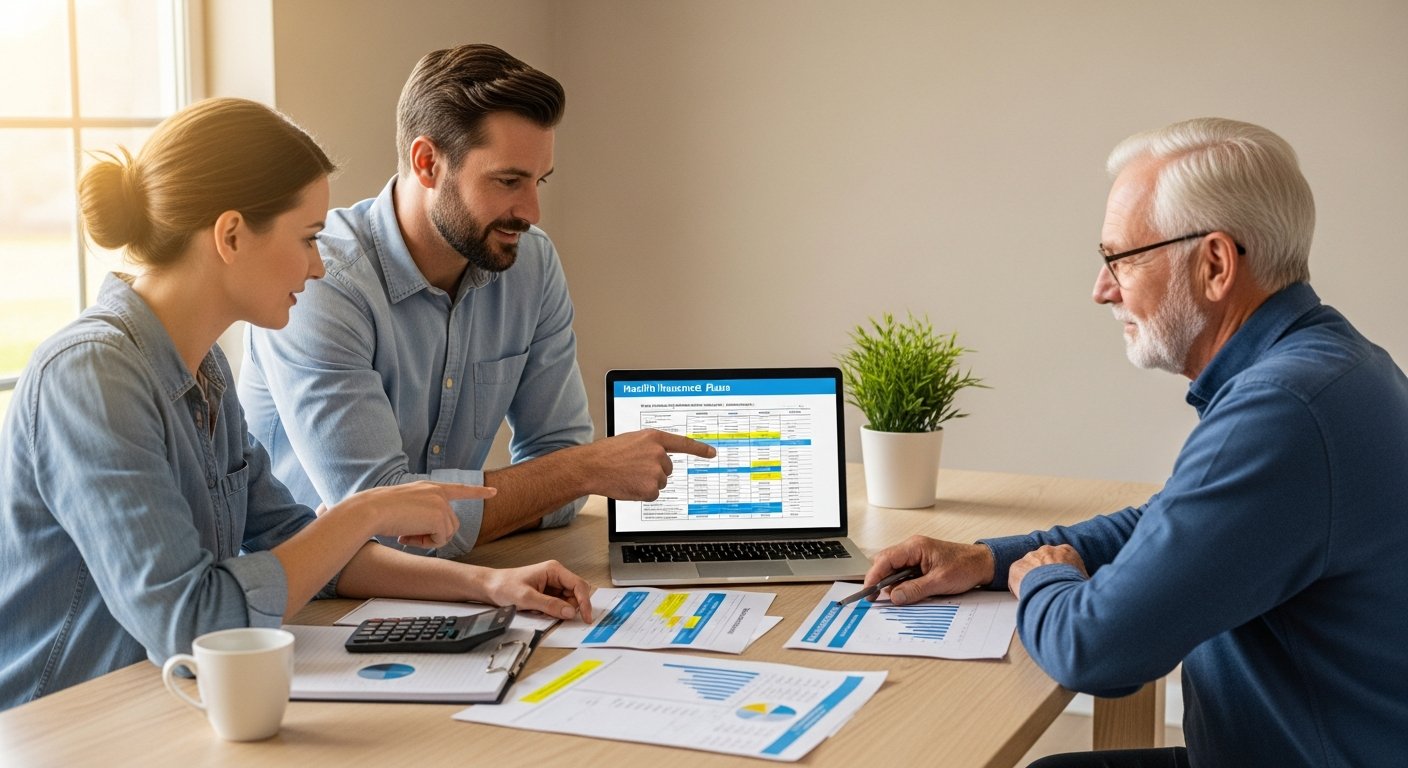 Three adults at a kitchen table review KFF health insurance cost charts on a laptop and printed pages, with a calculator…