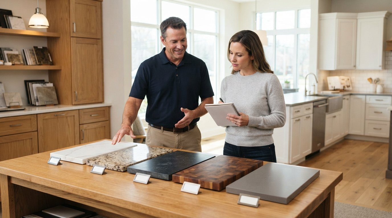 Five countertop samples—white marble, speckled granite, dark soapstone, butcher block, and matte quartz—on an oak table as…