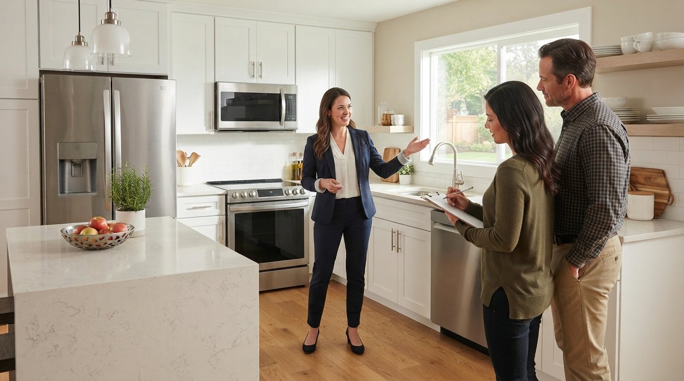Real estate agent gestures toward stainless steel French-door refrigerator and slide-in range as a couple takes notes in a…