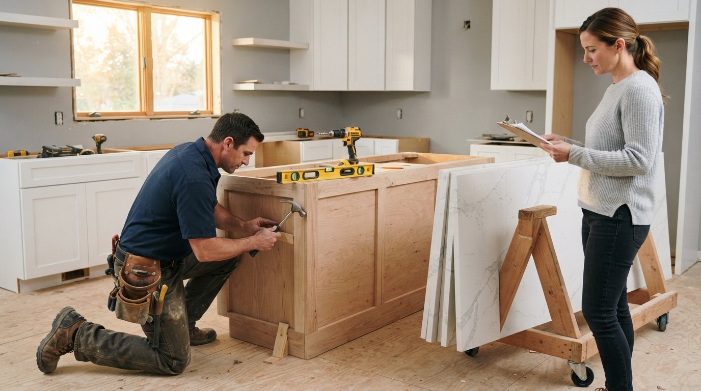 Contractor in a navy work shirt kneels to shim a partially installed wooden kitchen island base on a subfloor, with a…